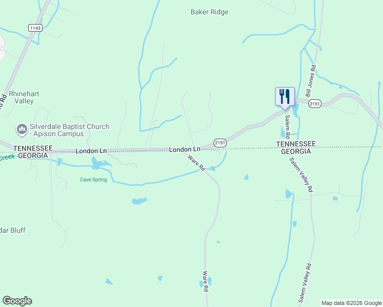 map of restaurants, bars, coffee shops, grocery stores, and more near 1366 Ware Road in Ringgold