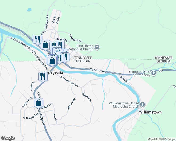 map of restaurants, bars, coffee shops, grocery stores, and more near 340 Toccoa Avenue in McCaysville