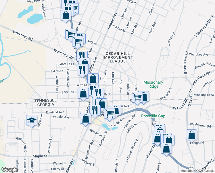 map of restaurants, bars, coffee shops, grocery stores, and more near 4908 13th Avenue in Chattanooga