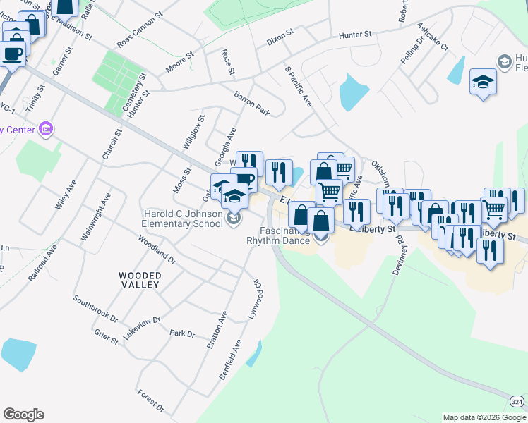 map of restaurants, bars, coffee shops, grocery stores, and more near 409 East Jefferson Street in York