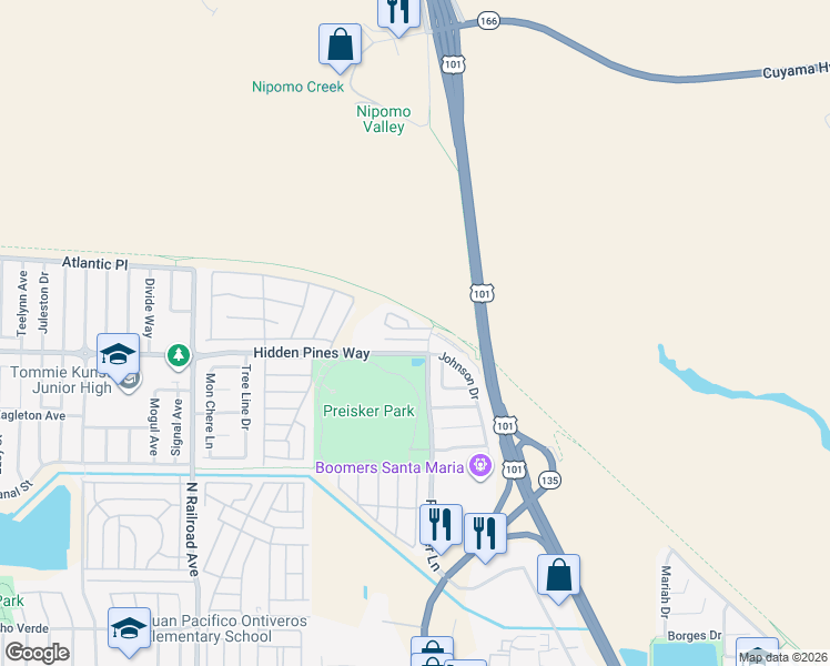 map of restaurants, bars, coffee shops, grocery stores, and more near 206 Riverside Court in Santa Maria