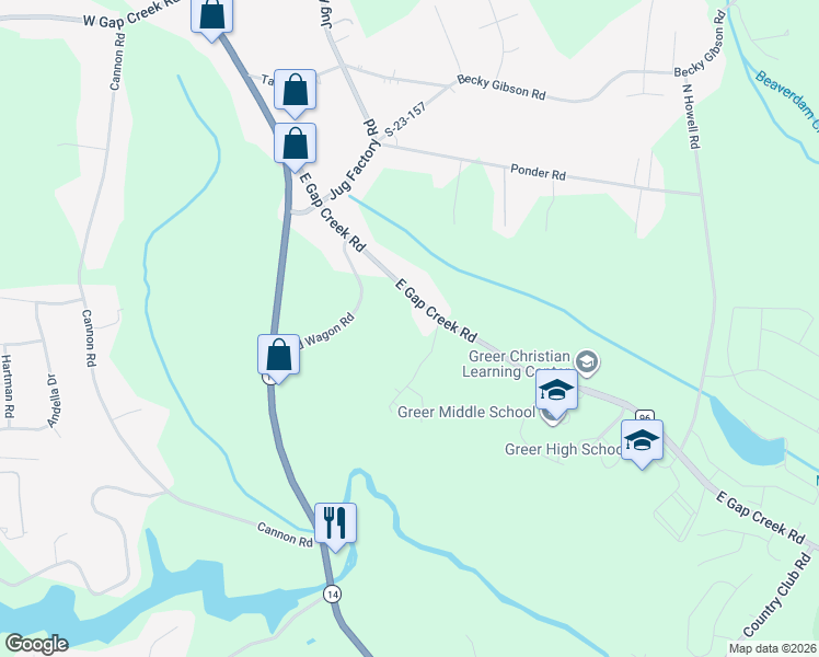 map of restaurants, bars, coffee shops, grocery stores, and more near 3174 East Gap Creek Road in Greer