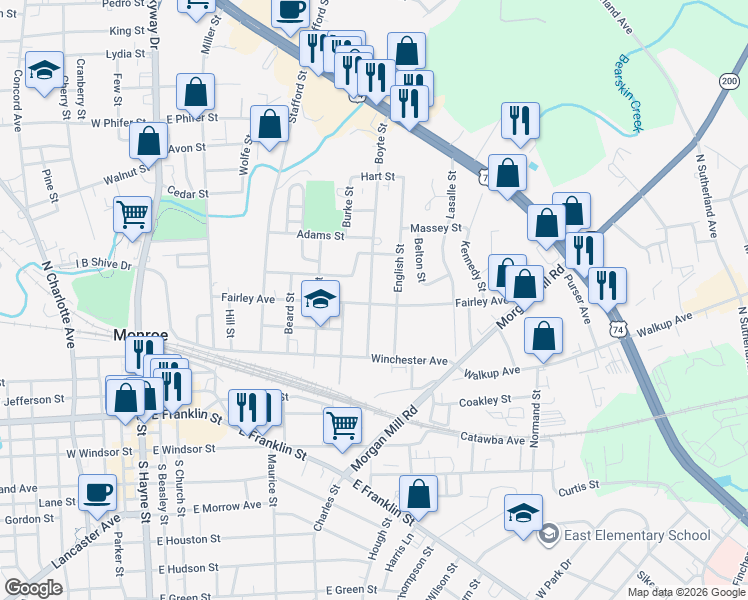 map of restaurants, bars, coffee shops, grocery stores, and more near 500 Boyte Street in Monroe
