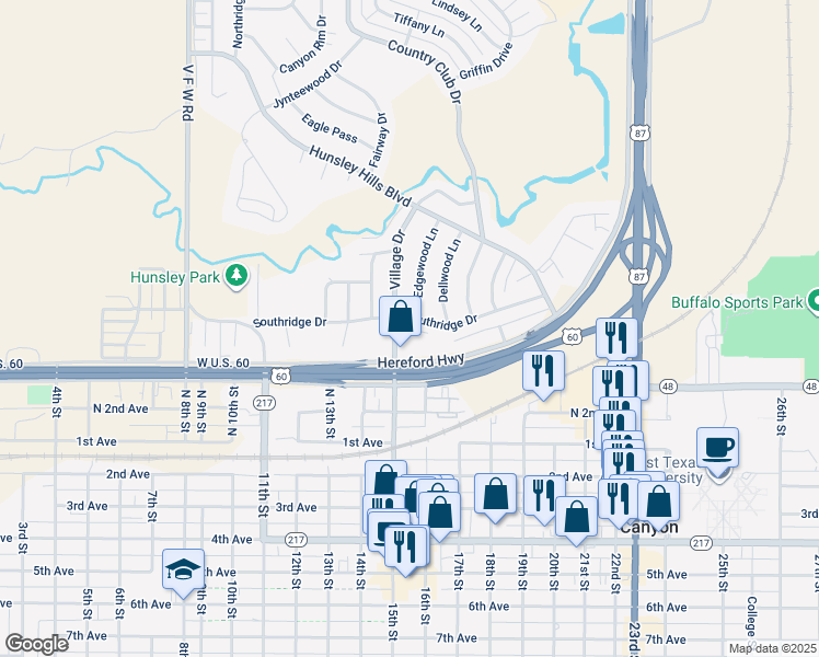 map of restaurants, bars, coffee shops, grocery stores, and more near 302 North 15th Street in Canyon