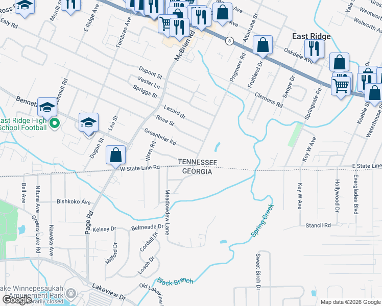 map of restaurants, bars, coffee shops, grocery stores, and more near 2011 Prigmore Road in Chattanooga