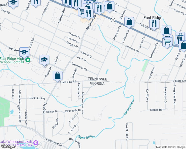 map of restaurants, bars, coffee shops, grocery stores, and more near 2011 Prigmore Road in Chattanooga