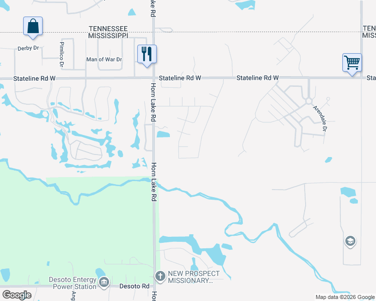 map of restaurants, bars, coffee shops, grocery stores, and more near 3867 Down River Drive in Southaven