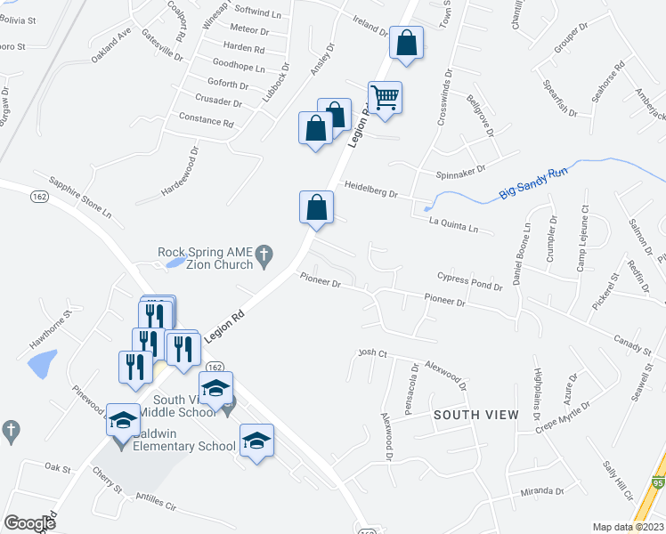 map of restaurants, bars, coffee shops, grocery stores, and more near 3931 Legion Road in Hope Mills