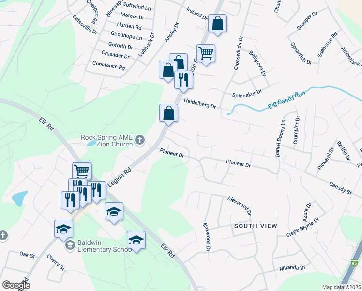 map of restaurants, bars, coffee shops, grocery stores, and more near 3535 Pioneer Drive in Hope Mills