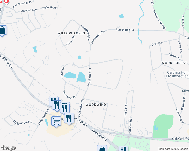 map of restaurants, bars, coffee shops, grocery stores, and more near 220 Pennington Road in Rock Hill