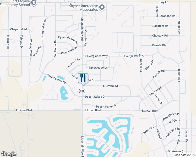 map of restaurants, bars, coffee shops, grocery stores, and more near 2053 East Crystal Drive in Fort Mohave