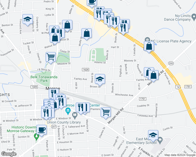 map of restaurants, bars, coffee shops, grocery stores, and more near 601 John Street in Monroe
