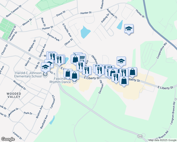 map of restaurants, bars, coffee shops, grocery stores, and more near 6 Oklahoma Street in York