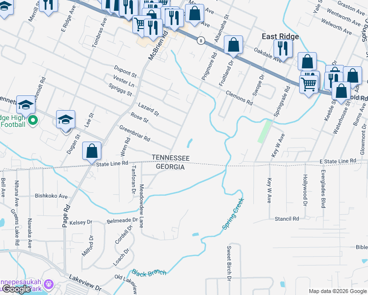 map of restaurants, bars, coffee shops, grocery stores, and more near 1868 Prigmore Road in Chattanooga