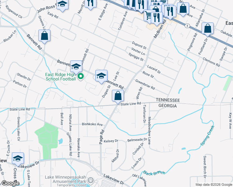 map of restaurants, bars, coffee shops, grocery stores, and more near 4512 Bennett Road in Chattanooga