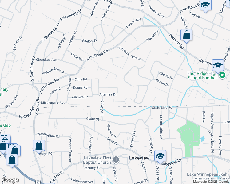 map of restaurants, bars, coffee shops, grocery stores, and more near 3822 Altamira Drive in Chattanooga