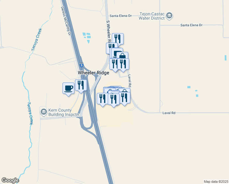 map of restaurants, bars, coffee shops, grocery stores, and more near Bob Stine Drive in Arvin