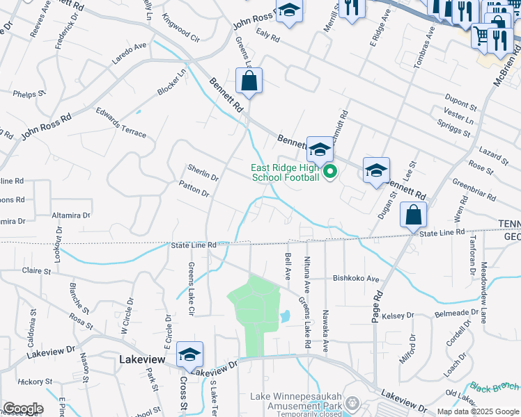 map of restaurants, bars, coffee shops, grocery stores, and more near 1408c Mana Lane in East Ridge