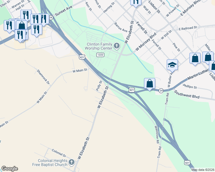map of restaurants, bars, coffee shops, grocery stores, and more near State Road 1214 in Clinton