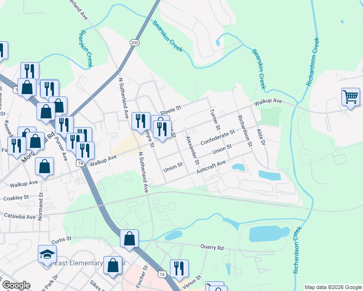 map of restaurants, bars, coffee shops, grocery stores, and more near 407 Alexander Street in Monroe