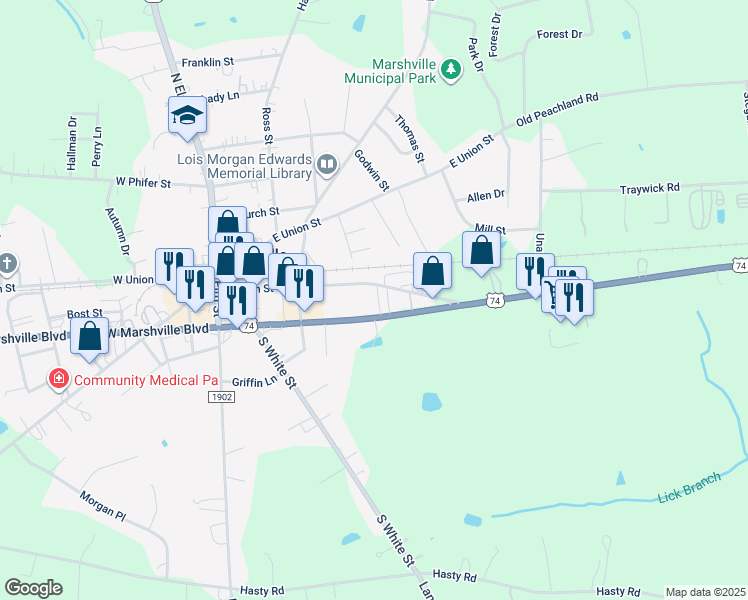 map of restaurants, bars, coffee shops, grocery stores, and more near 421-441 East Main Street in Marshville
