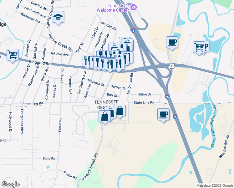 map of restaurants, bars, coffee shops, grocery stores, and more near 6510 Garner Street in Chattanooga