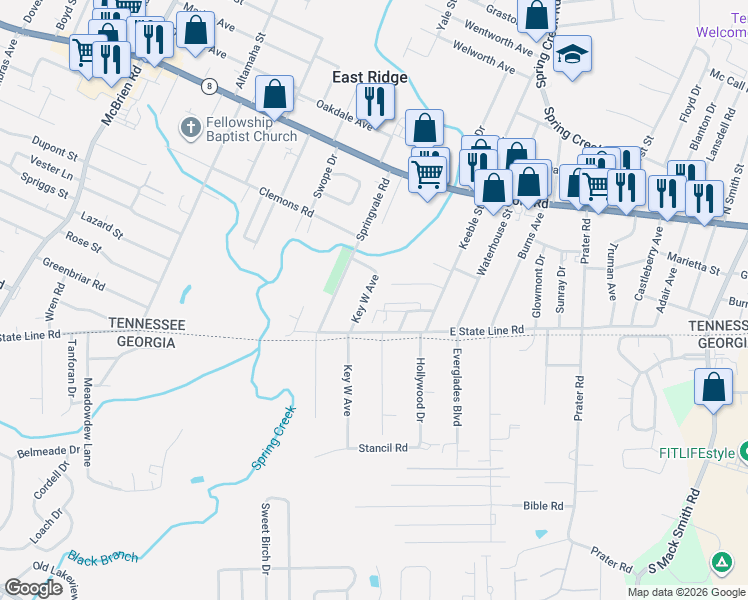 map of restaurants, bars, coffee shops, grocery stores, and more near 1617 Key West Avenue in Chattanooga
