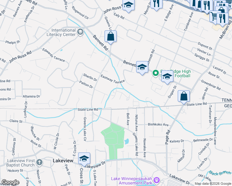 map of restaurants, bars, coffee shops, grocery stores, and more near 1402 Mana Lane in Chattanooga