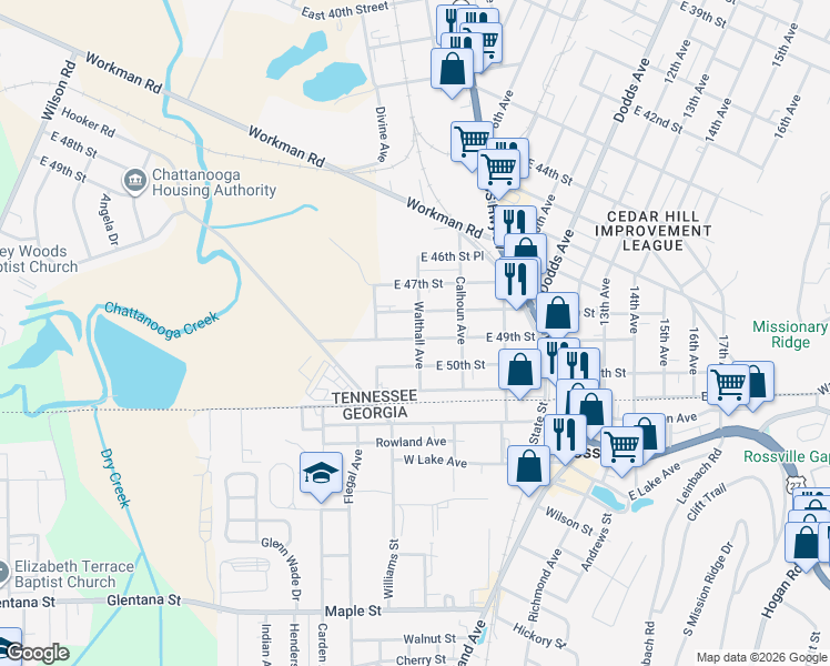 map of restaurants, bars, coffee shops, grocery stores, and more near 1418 East 48th Street in Chattanooga