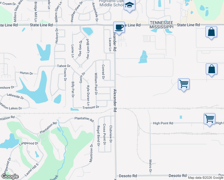 map of restaurants, bars, coffee shops, grocery stores, and more near 9932 Vista Ridge Drive in Olive Branch