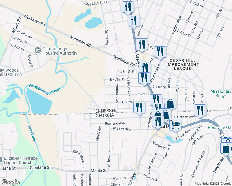 map of restaurants, bars, coffee shops, grocery stores, and more near 1418 East 48th Street in Chattanooga