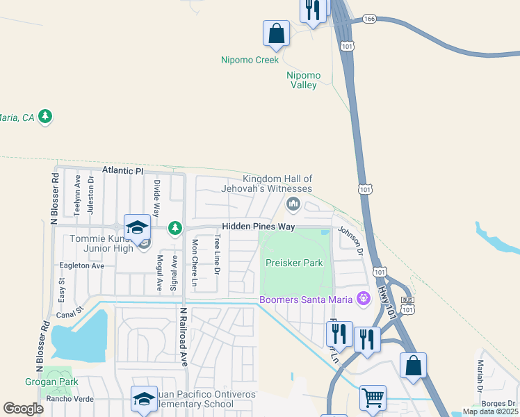 map of restaurants, bars, coffee shops, grocery stores, and more near 2425 Lilac Street in Santa Maria