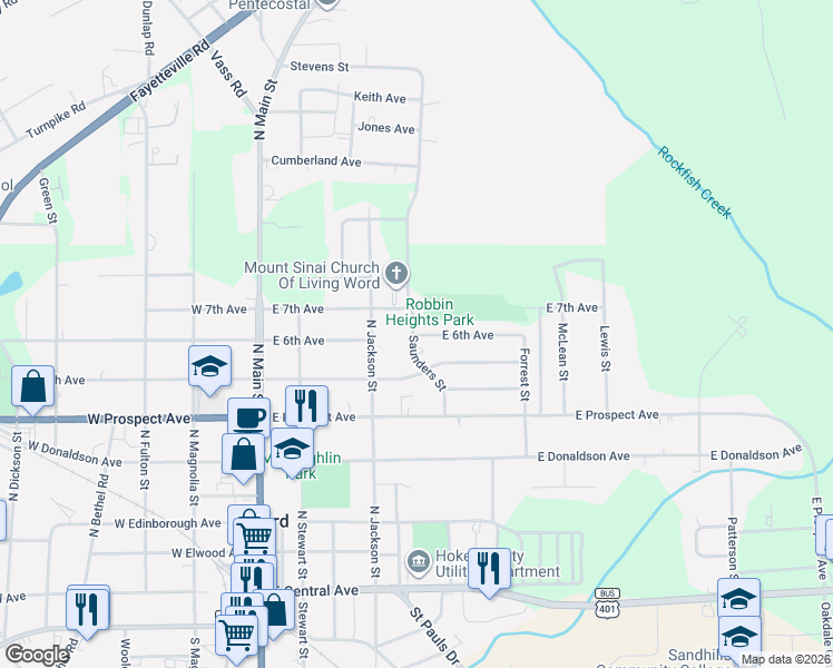 map of restaurants, bars, coffee shops, grocery stores, and more near 801 Saunders Street in Raeford