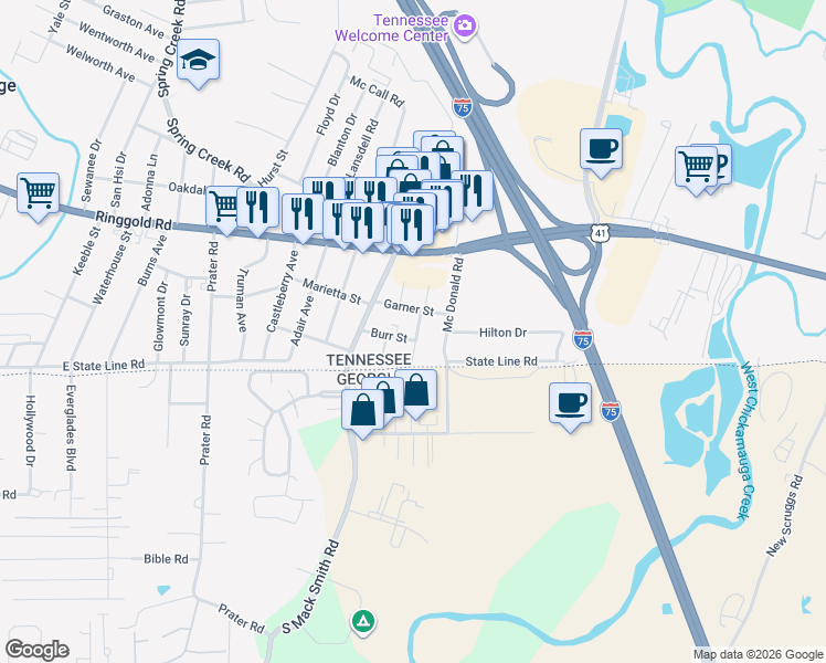 map of restaurants, bars, coffee shops, grocery stores, and more near 6510 Garner Street in Chattanooga