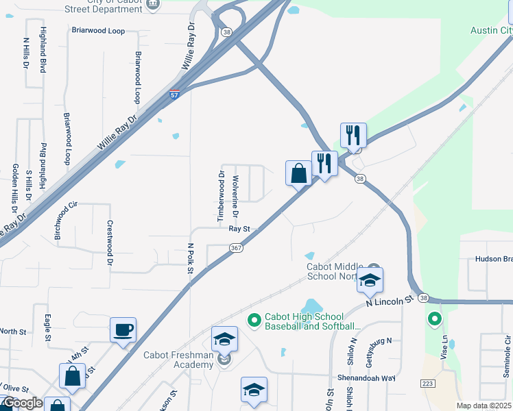 map of restaurants, bars, coffee shops, grocery stores, and more near 25 Elk Bear Lane in Cabot