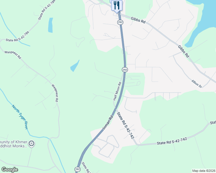 map of restaurants, bars, coffee shops, grocery stores, and more near 184 Half Moon Road in Wellford