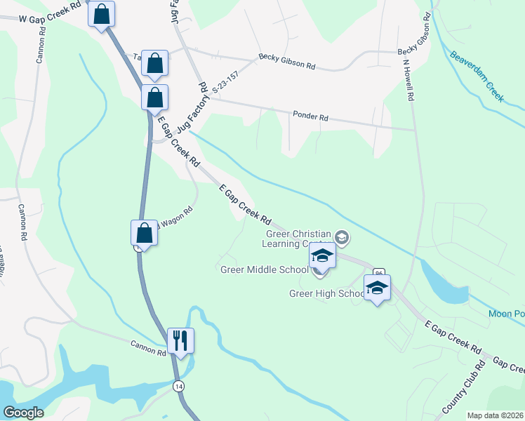 map of restaurants, bars, coffee shops, grocery stores, and more near 3174 East Gap Creek Road in Greer