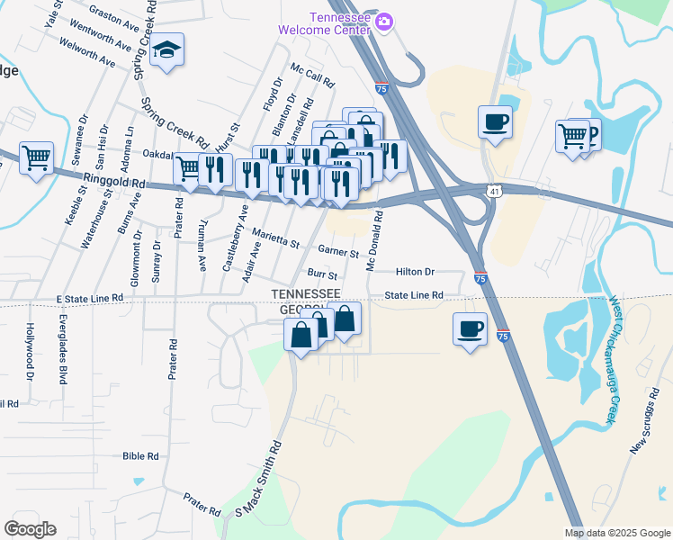 map of restaurants, bars, coffee shops, grocery stores, and more near 6510 Garner Street in Chattanooga