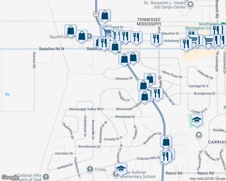 map of restaurants, bars, coffee shops, grocery stores, and more near 1844 Southaven Circle West in Southaven