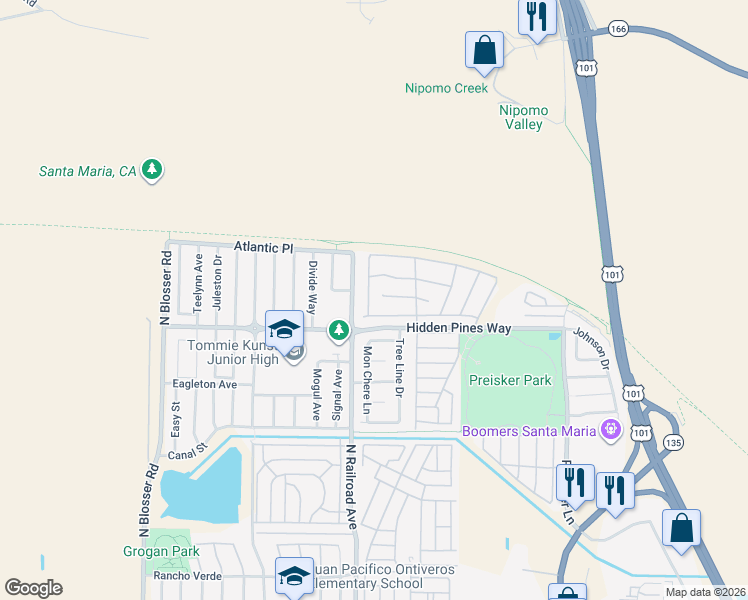 map of restaurants, bars, coffee shops, grocery stores, and more near 2443 Acacia Street in Santa Maria