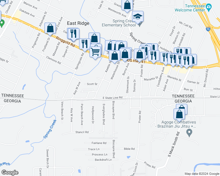 map of restaurants, bars, coffee shops, grocery stores, and more near 1626 Waterhouse Street in Chattanooga