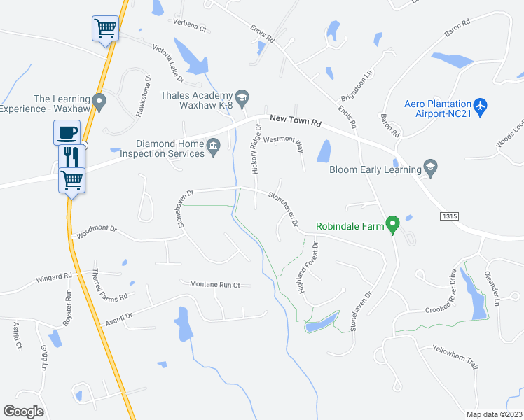 map of restaurants, bars, coffee shops, grocery stores, and more near 1809 Hickory Ridge Drive in Waxhaw