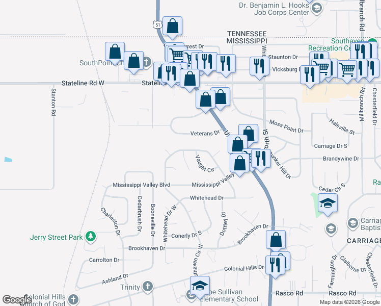 map of restaurants, bars, coffee shops, grocery stores, and more near 1853 Southaven Circle North in Southaven