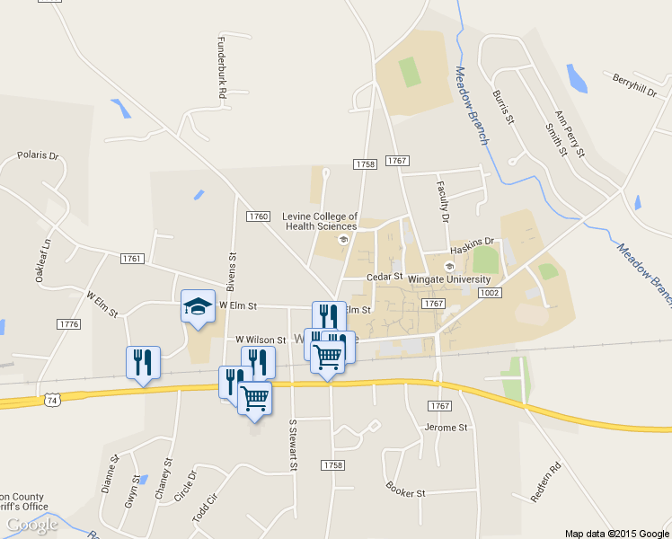 map of restaurants, bars, coffee shops, grocery stores, and more near 501 North Main Street in Wingate