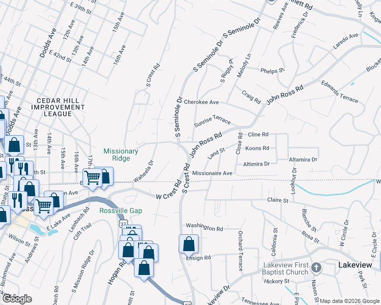 map of restaurants, bars, coffee shops, grocery stores, and more near 1804 John Ross Road in Chattanooga