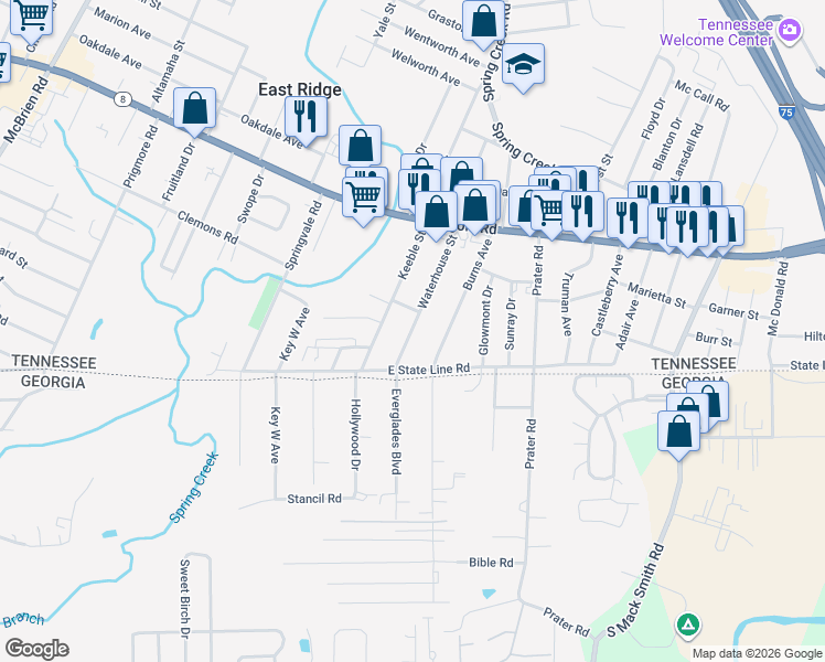 map of restaurants, bars, coffee shops, grocery stores, and more near 1628 Waterhouse Street in East Ridge