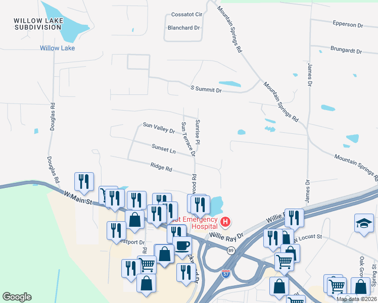 map of restaurants, bars, coffee shops, grocery stores, and more near 14 Sunset Lane in Cabot