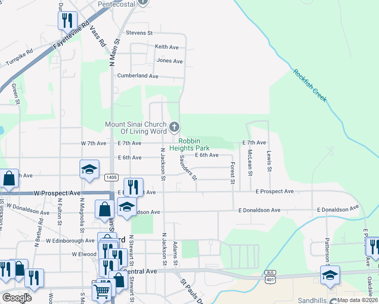 map of restaurants, bars, coffee shops, grocery stores, and more near 806 Saunders St in Raeford
