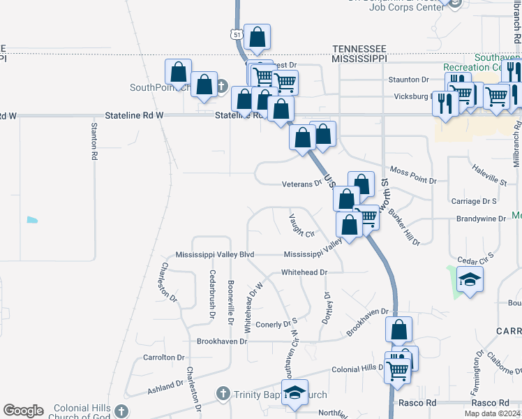 map of restaurants, bars, coffee shops, grocery stores, and more near 2824 Southaven Circle North in Southaven