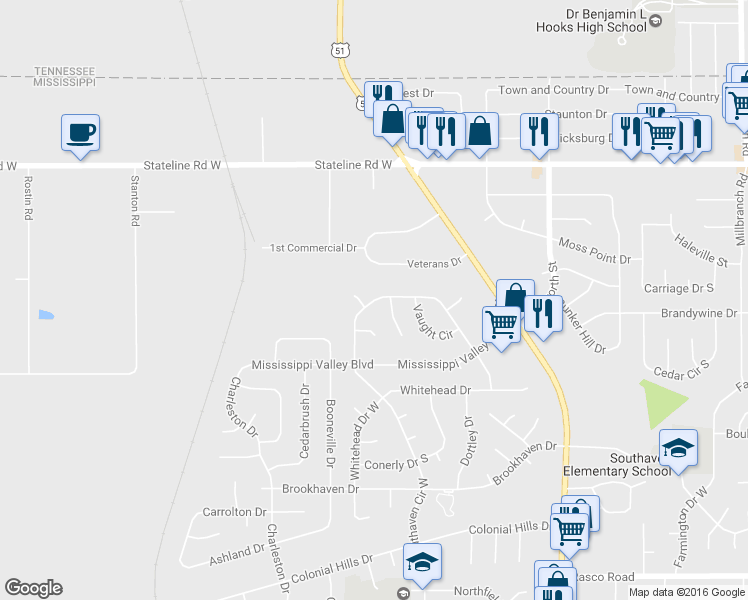 map of restaurants, bars, coffee shops, grocery stores, and more near 2824 Southaven Circle North in Southaven